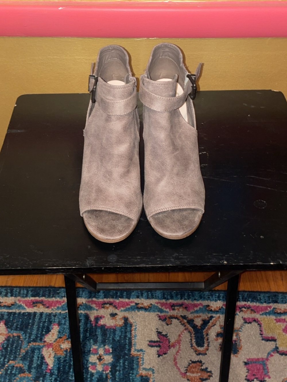 Fergalicious Taupe Suede Open-Toe Mule Heels